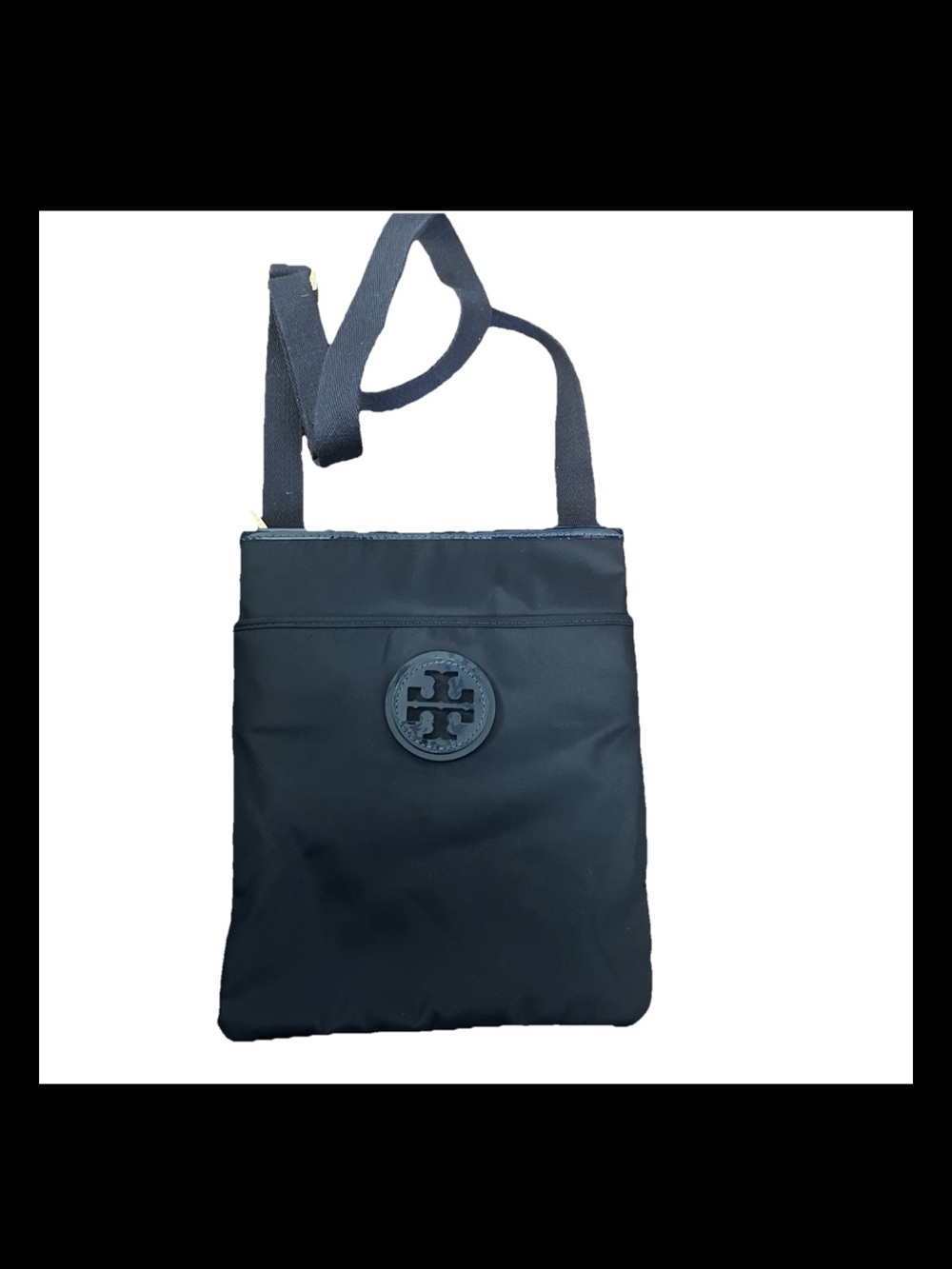 Tory Burch Crossbody Messenger Bag Blue Nylon Patent Leather Gold Hardware Logo